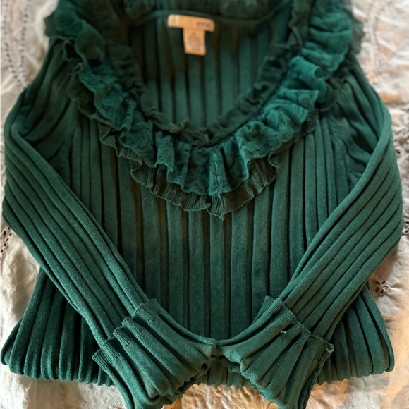 Vintage Teal Ruffled Long Sleeve Top 55% Silk - Picture 9 of 10
